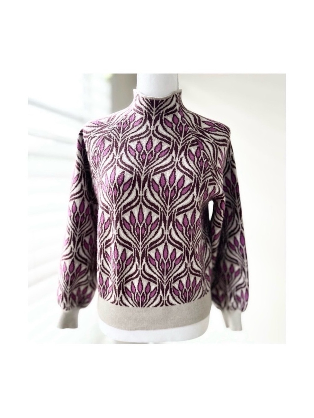 Anthropologie Cream and Purple Floral Jacquard Mock Neck Sweater